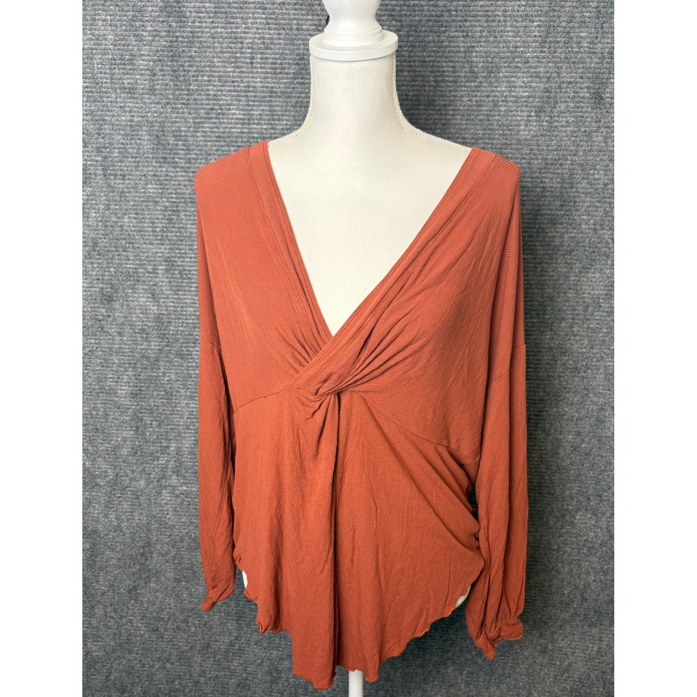 Free People West Street Twist Front Ribbed Knit Top Rust Orange XS